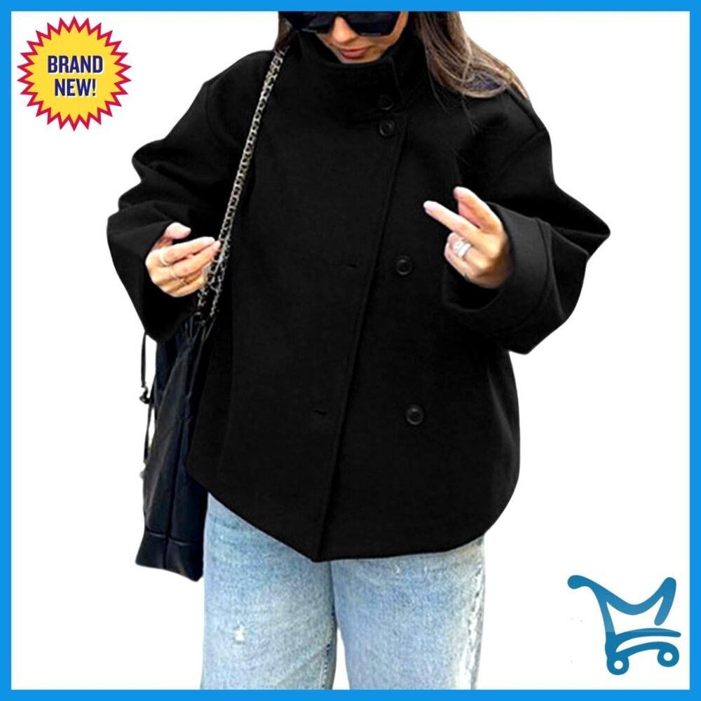 Crop Pea Coat Wool Blend Loose Casual Short Jacket Winter Outwear Chic
